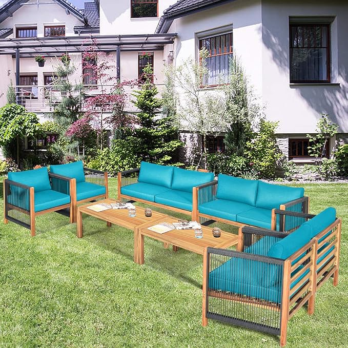 Tangkula Outdoor Wood Furniture Set, Acacia Wood Loveseat Sofa, 4 Single Chairs and 2Coffee Tables, 8 Pieces Conversation Set with Cushions, Garden Balcony Poolside Outdoor Living Set (2, Turquoise)