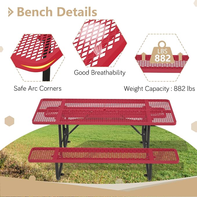 72'' Rectangular Metal Picnic Table with 1.73" Umbrella Hole, Heavy-Duty Commercial Grade Steel Mesh Table Set, Weather Resistant Sturdy for Outdoor, Smooth Round Corner Design, Red