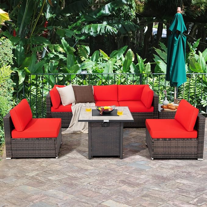 Tangkula 7 Piece Patio Furniture Set with Fire Pit Table, Patiojoy Outdoor PE Wicker Conversation Sectional Sofa Set with 30 Inches 50,000 BTU Propane Fire Pit Table, Waterproof PVC Cover (Red)