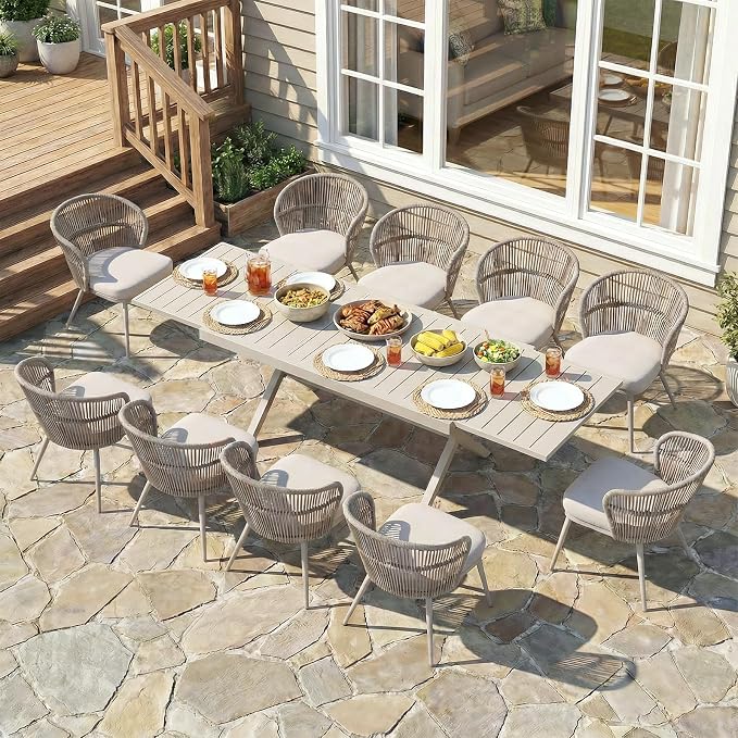 SUNSITT 11 Piece Outdoor Patio Dining Set, 65" - 107" Metal Expandable Outdoor Dining Table with X-Shape Legs, 10 Woven Wicker Outdoor Patio Chairs w/Removable Cushions for Garden, Beige
