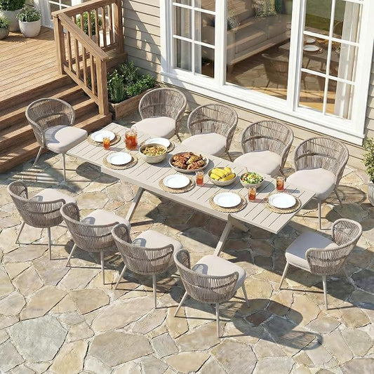 SUNSITT 11 Piece Outdoor Patio Dining Set, 65" - 107" Metal Expandable Outdoor Dining Table with X-Shape Legs, 10 Woven Wicker Outdoor Patio Chairs w/Removable Cushions for Garden, Beige