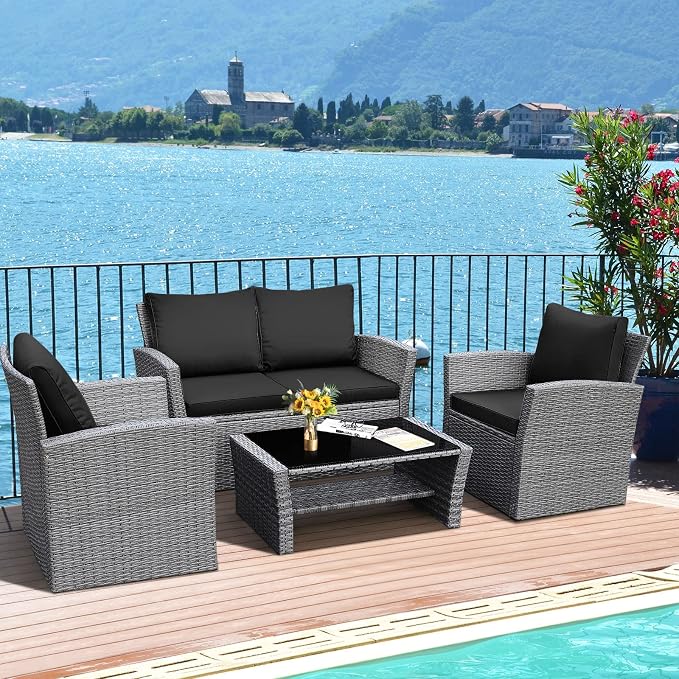 HAPPYGRILL 4 Pieces Conversation Set Outdoor Patio Rattan Furniture Set with Cushions and Coffee Table Sectional Wicker Sofa Set for Garden Porch Balcony Poolside