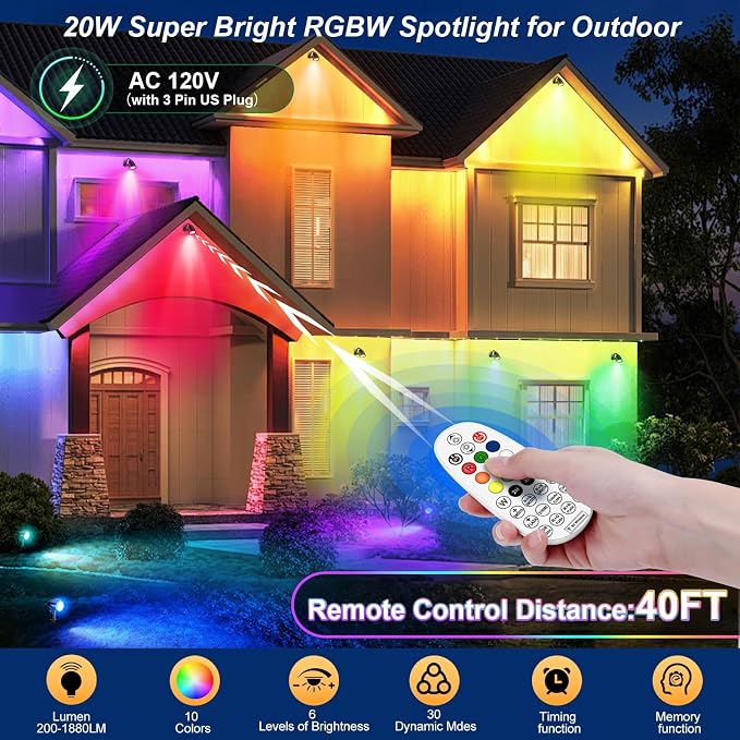 20W RGBW Spot Lights Outdoor, IP66 Color Changing Spotlights, 2 Pack | 1880LM, 10 colors, 30 modes, 6 brightness,remote timer & memory. Ideal for Christmas, Halloween, yard, garden, and pathway