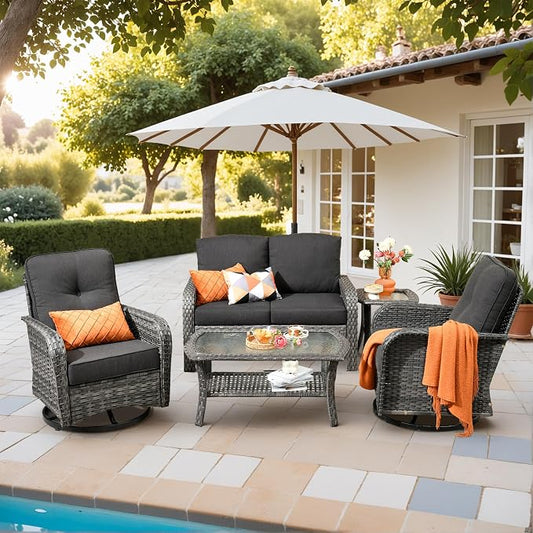 5 Pieces Outdoor Patio Furniture Set with Coffee Table, All Weather Wicker Patio Conversation Sets with Rocking Chairs, Balcony Furniture Sets for Backyard, Garden, Poolside, Black