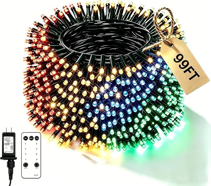 99ft 100 LED Christmas Fairy Lights, 8 Modes Remote Timer,Multicolor | Vivid red, green, blue & yellow glow for indoor or outdoor use; perfect for bedroom, Halloween tree & party decor.