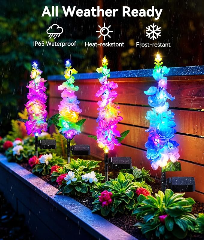 KOOPER Solar Lights Outdoor Garden Decor, 4 Pack Upgraded Delphinium Solar Garden Lights with 36 Colorful LEDs, Vivid Flowers Outdoor Waterproof for Landscape Patio Yard Decor