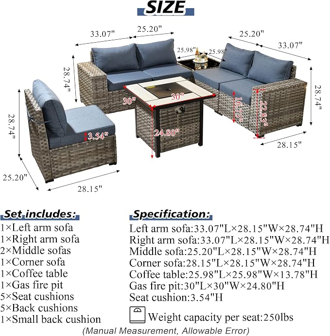 HOOOWOOO Outdoor Patio Sectional Furniture Sofa Set with Propane Gas Fire Pit Table,7 Piece Small Modern Wicker Couch with Widened Armrest,Modular Conversation Seating Set for Out Door(Denim Blue)