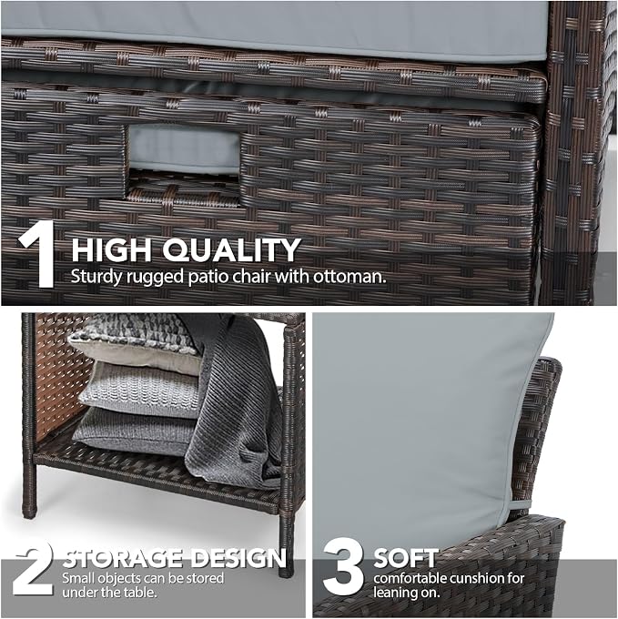 LEVELEVE Balcony Furniture 5 Piece Patio Conversation Set, PE Wicker Rattan Outdoor Lounge Chairs with Soft Cushions 2 Ottoman&Glass Table for Porch, Lawn-Brown Wicker