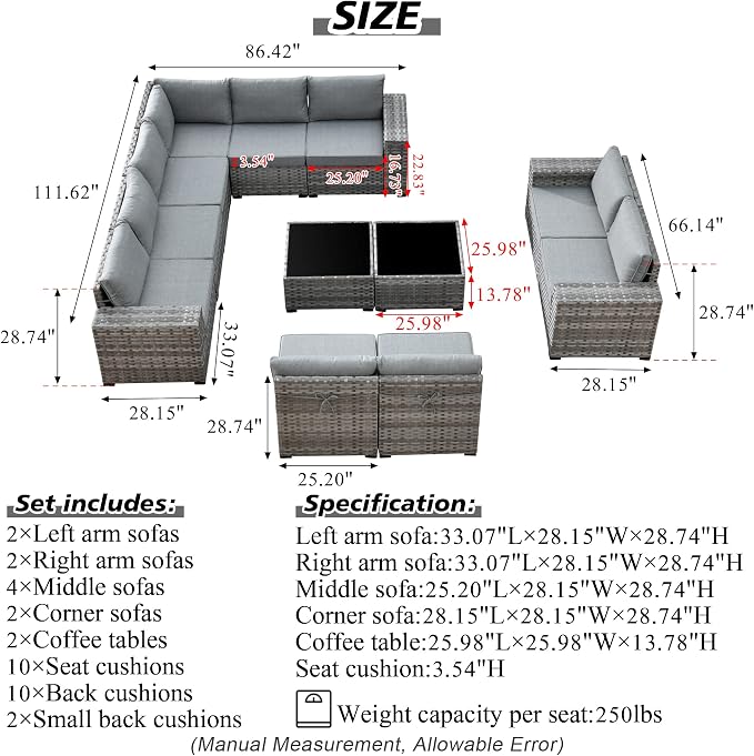HOOOWOOO Outdoor Patio Sectional Furniture Sofa Set with Widened Armrest,12 Piece Large Modern Wicker Couch,Modular L Shaped Conversation Seating Set with Table for Out Door Garden Corner(Dark Grey)
