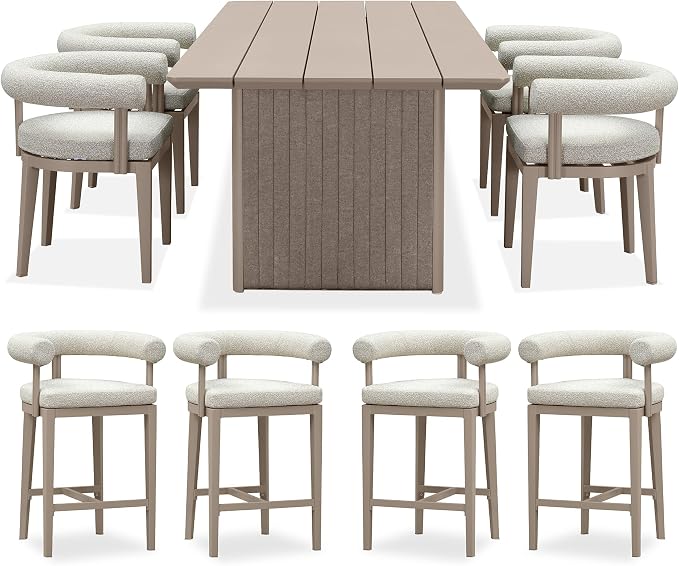 PURPLE LEAF 5 Pieces Patio Dining Set with Counter Stools, Seamless Table | Wraparound Backrests, Textured Olefin Fabric, Cushioned Armrest, Aluminum, Hand-Braided Rope Table Base, Earth-Tone Palette
