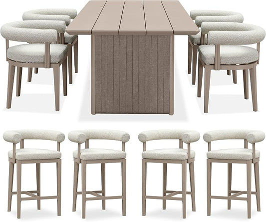 PURPLE LEAF 5 Pieces Patio Dining Set with Counter Stools, Seamless Table | Wraparound Backrests, Textured Olefin Fabric, Cushioned Armrest, Aluminum, Hand-Braided Rope Table Base, Earth-Tone Palette
