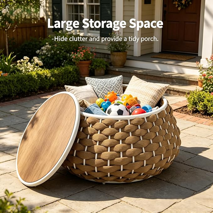 YDcosyfy Large Round Outdoor Side Table, 28 Inches Patio End Table with Removable Wood Top, Outside Coffee Table, All-Weather Metal Frame, Hollow Out Bottom Storage, for Balcony, Porch, Garden, Brown