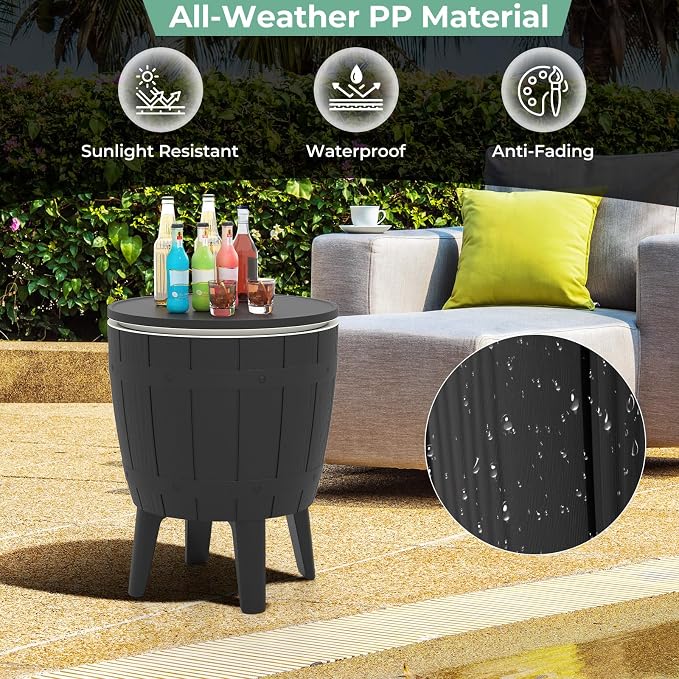 Giantex Cooler Side Table Outdoor, 10 Gallon Ice Cooler with Drainage Plug, Adjustable Height, 3-in-1 Cocktail Patio Par Table for Beer Wine Storage, Deck Pool Backyard Party, Black (Wood-Style)