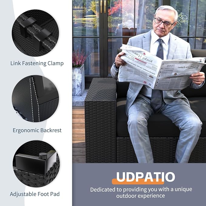 UDPATIO Patio Furniture Set, Outdoor Wicker Sectional Sofa with 8'' Wide Armrests, 6 Piece Modular Patio Conversation Set with Coffee Table for Backyard, Deck, Garden, Black