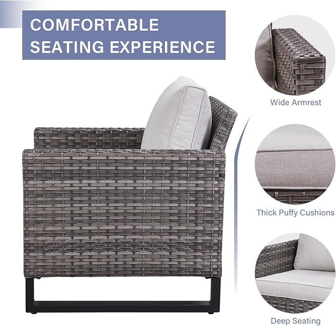 Luxury Wicker Outdoor Patio Chairs Set - 3 Piece Rattan Patio Furniture Bistro Chairs Set with Waterproof Wicker,Comfortable Cushions and Sturdy Metal Frame for Porch Deck Backyard(Mixed Grey/Beige)