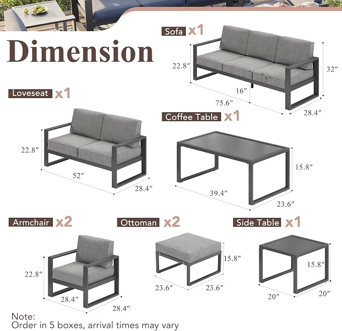 Green4ever Aluminum Patio Furniture Set, 8 Pieces Modern Outdoor Conversation Set All-Weather Metal Sectional Couch Sofa Upgraded Foam-Filled Cushions with Ottoman and Coffee Table (Grey)