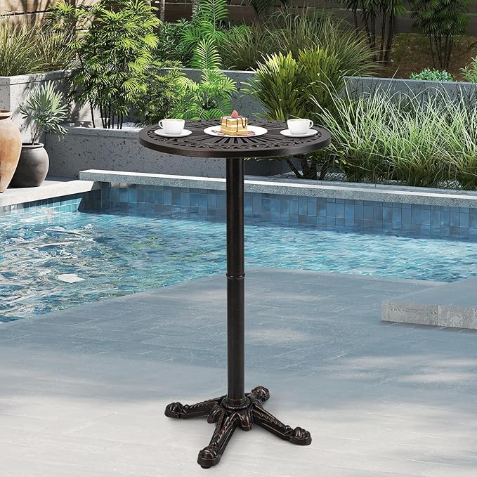 COSTWAY 24" Patio Round Bar Table, 41.5" Pub Height Cast Aluminum High Top Table with Carved Texture for Outdoor, Bistro, Garden, Backyard, Balcony, Poolside, Bronze