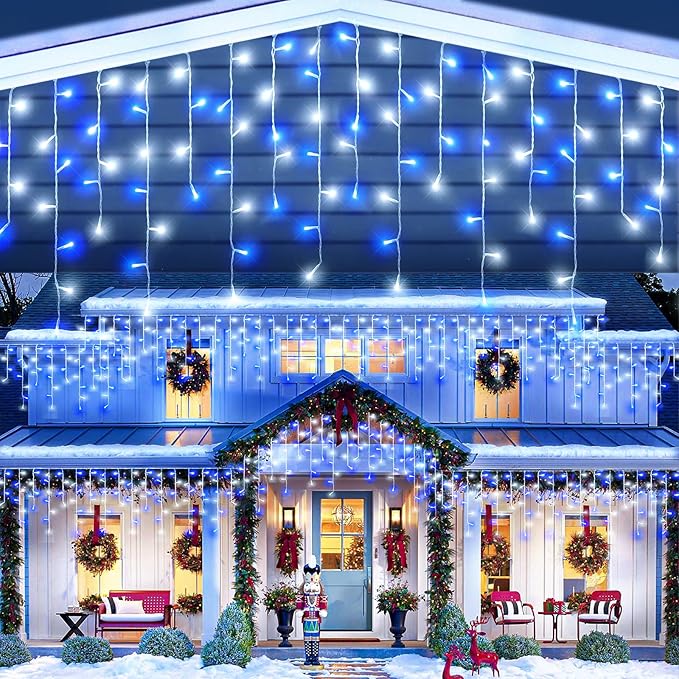 Blue and White Christmas Lights 66ft 640 LED Icicle Lights for Outside | Clear Wire Connectable Twinkle Lights with 8 Modes Timer Waterproof for House Window Party Tree Holiday Patio Yard Home Decor
