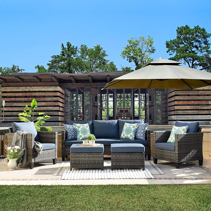ovios 5 Pieces Patio Furniture Set, Outdoor Wicker Rattan Sofa Couch with Ottomans Comfy Cushions, Modern Conversation Set for Deck Backyard Porch, Denim Blue