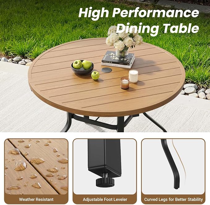 HRVEOCEI 47" Outdoor Round Table with Umbrella Hole, Metal Patio Dining Tables for Lawn Garden, Wood-Like Grain Bistro Table Outdoor for Backyard,Poolside,Deck,Por (Natural, Round)