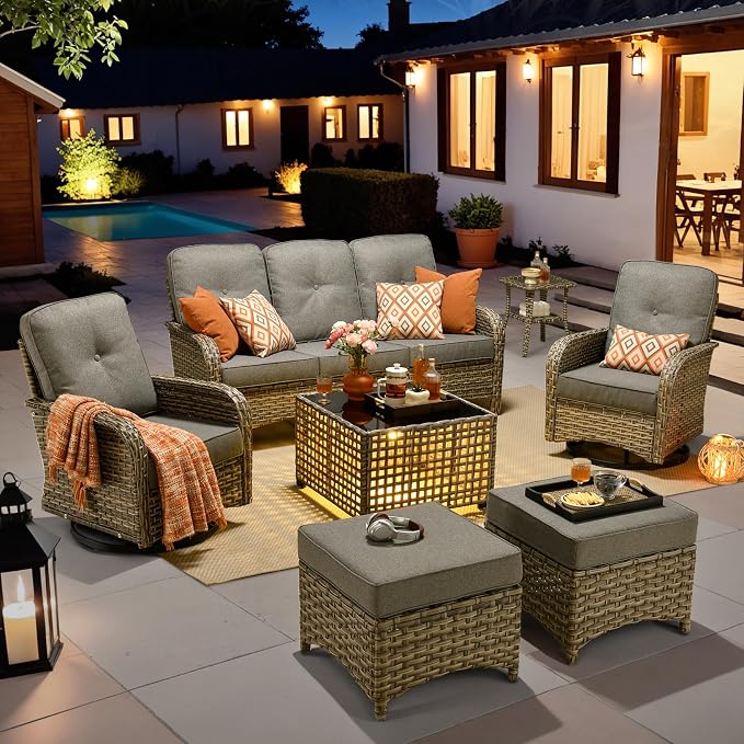 HOOOWOOO Outdoor Patio Furniture Set with Light Table,7 Pieces Wicker Conversation Set,All Weather High Back Couch Sofa Swivel Chairs Ottomans Set,Charcoal Gray