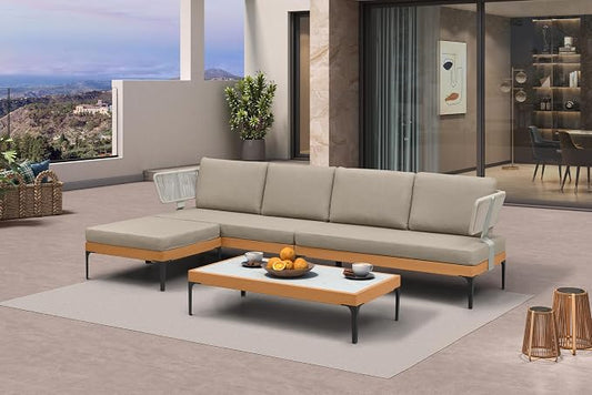PURPLE LEAF Patio Furniture Set Outdoor Sectional Sofa with Fade-Resistant Cushions Coffee Table Wicker L-Shaped 6 Pieces Aluminum Conversation Sets with Ottoman for Balcony Yard Poolside, Taupe