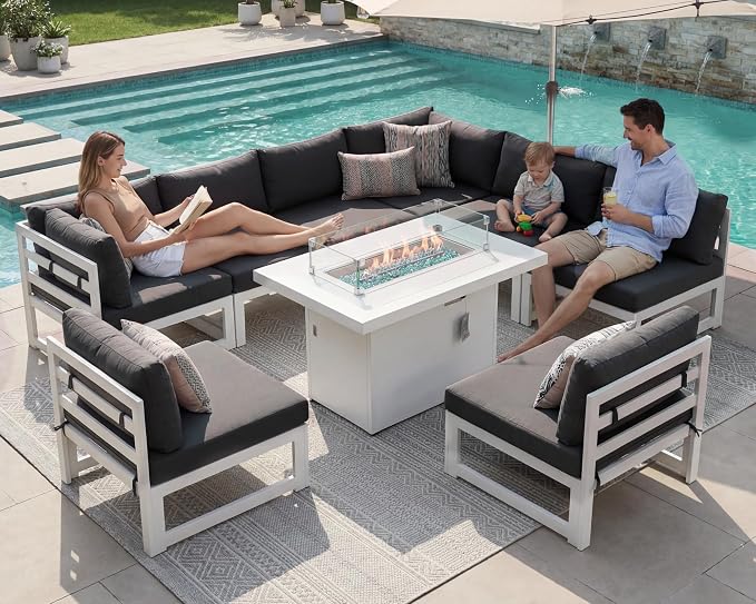 NICESOUL 9 Piece Modern Aluminum Patio Furniture Set with Fire Pit Table, 500 lbs Heavy Duty Outdoor Sectional Sofa, 29" Deep Wide Oversized Seating Conversation Couch for Garden Exterior, Dark Gray
