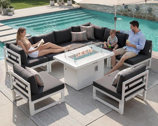 NICESOUL 9 Piece Modern Aluminum Patio Furniture Set with Fire Pit Table, 500 lbs Heavy Duty Outdoor Sectional Sofa, 29" Deep Wide Oversized Seating Conversation Couch for Garden Exterior, Dark Gray