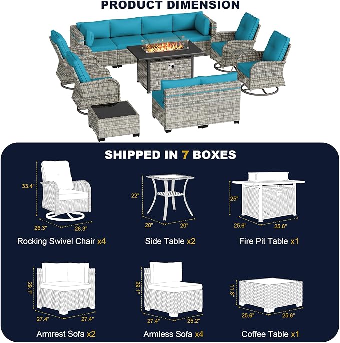 14-Piece Outdoor Patio Furniture Set with Rocking Swivel Chair, Wicker Rattan Sectional Sofa Conversation Set with 55,000 BTU Fire Pit Table, Backyard Furniture, Turquoise