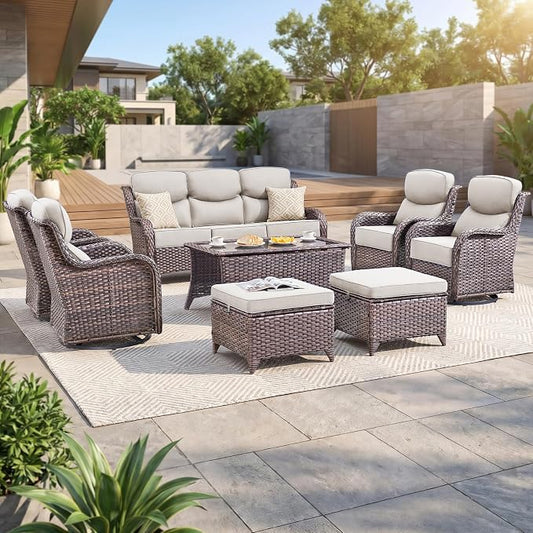 Luxury Swivel Rocker Chair Sofa Set with 6" Thick Cushions,8-Piece Wicker Patio Chair with Coffee Table and Ottoman,Outdoor Comfortable High Back Chair Patio Furniture Set - Brown | Beige