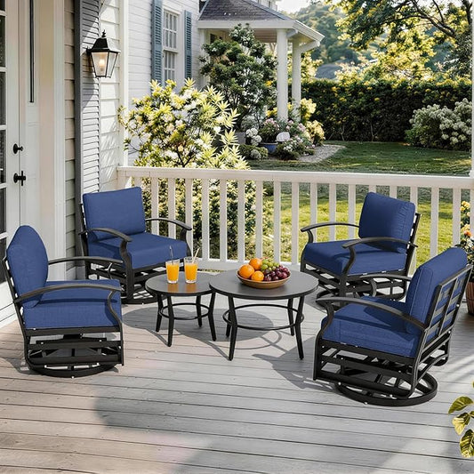 Gotland 6 Piece Patio Set, Aluminum Outdoor Swivel Chairs Set with Round Table 5.1’’ High-Resilience Seat Cushions 29.5" Deep Seating, Metal Patio Furniture Set Patio Conversation Sets, Navy