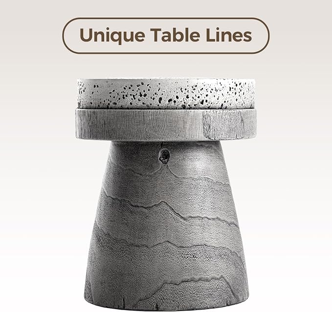 COSIEST Outdoor Side Table w Spotted Tabletop, Concrete Side Table, Round Patio Side Table Stool, Lightweight Outdoor Accent Table w Colored Faux Wood, Cylinder Plant Stand for Garden and Deck, Grey