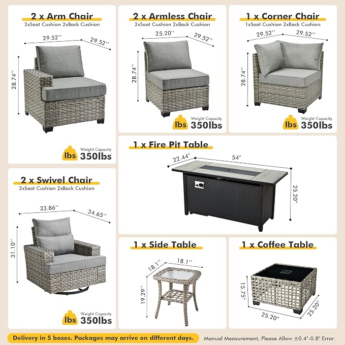 10 Pcs Outdoor Sectional Patio Furniture Set with Fire Pit Table and Swivel Rocking Chairs - All Weather Wicker Modular Outside Sectional Couch,Patio Seating Outdoor Conversation Sets,Dark Grey
