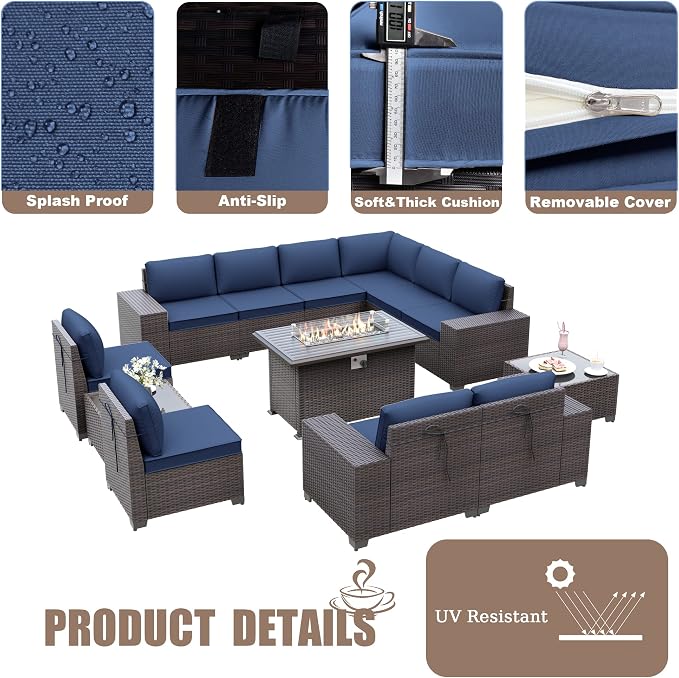 Kurapika 13 Pieces Patio Furniture Set, Rattan Wicker Outdoor Conversation Sets w/43in Propane Fire Pit Table(Navy Blue)