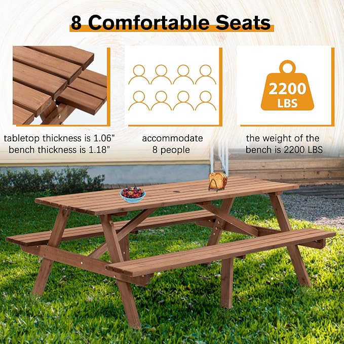 SSLine 8-Person Solid Wood Picnic Table Outdoor Rectangular Picnic Table and Bench Set with Umbrella Hole Outside Wooden Table and Chairs Set for Patio Backyard Garden Lawn (Dark Brown)