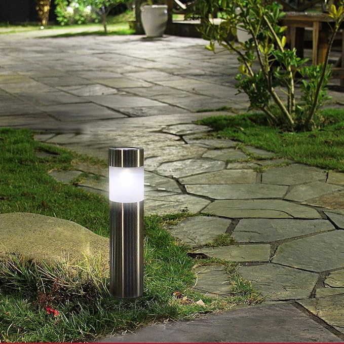 SUNWIND Solar Bollard Lights Outdoor - 6 Pack Stainless Steel Warm White LED Landscape Lights Waterproof Decorative Lighting for Backyard Lawn Patio