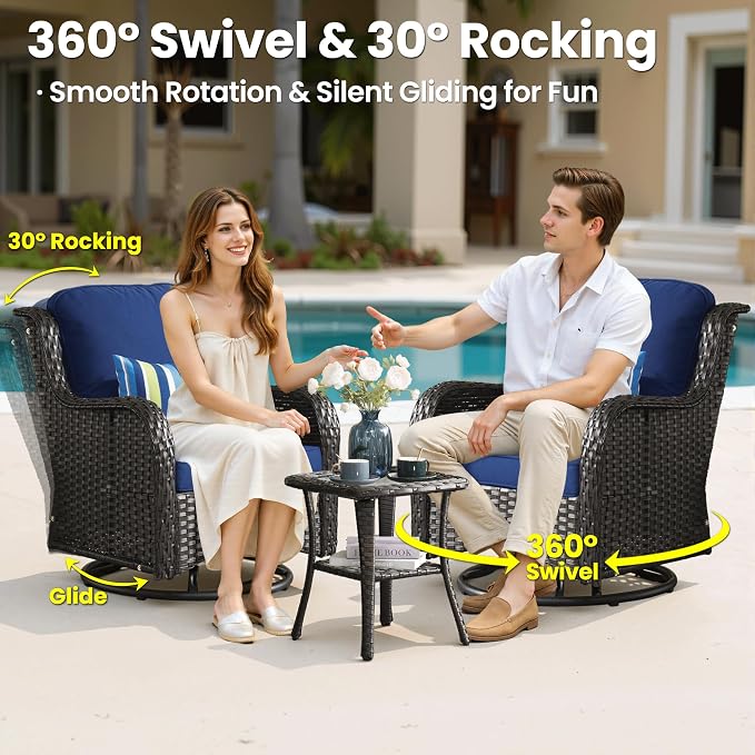 ovios 8 Pieces Patio Furniture Set with Swivel Rocking Chairs, Outdoor Wicker Sofa Couch Comfy Cushions, All Weather High Back Modern Conversation Set, Brown Rattan, Navy Blue