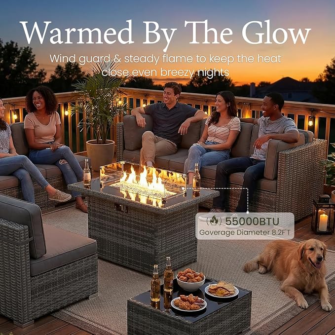 LayinSun 8 Piece Patio Furniture Set with Fire Pit Table, Outdoor Conversation Sets Wicker Rattan Sectional Sofa with Coffee Table