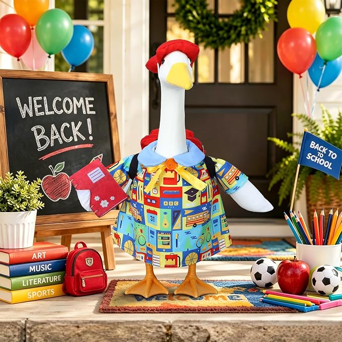 Back to School Porch Goose Outfit with Schoolbag for 23" Porch Goose Statue | Porch Goose Back to School Outfit with Notebook, Classroom Goose for First Day of School, Outdoor, Garden, Yard, Patio Decor