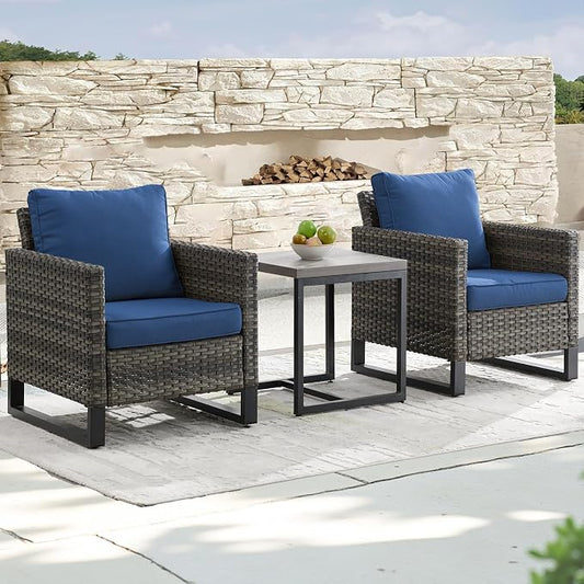 Luxury Wicker Outdoor Patio Chairs Set - 3 Piece Rattan Patio Furniture Bistro Chairs Set with Waterproof Wicker,Comfortable Cushions and Sturdy Metal Frame for Porch Deck Backyard(Mixed Grey/Blue)