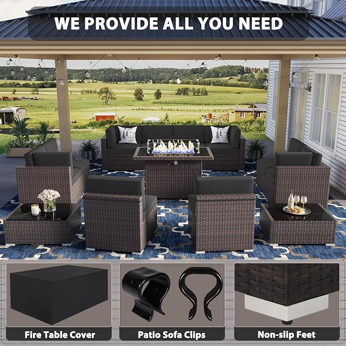 13 Pieces Patio Furniture Set with 44" Propane Gas Fire Pit Table, Outdoor Sectional Wicker Conversation Sofa Sets with Coffee Table