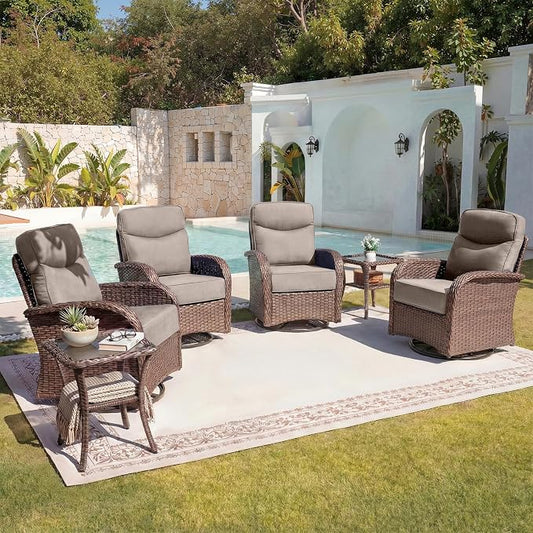 Belord Upgraded 6“ Cushion Luxury 6 Pieces Patio Furniture Set - All Weather Wicker Outdoor Swivel Rocker Patio Chairs of 4 with Side Table, High Back Glider Chairs Set for Deck Porch - Brown/Beige