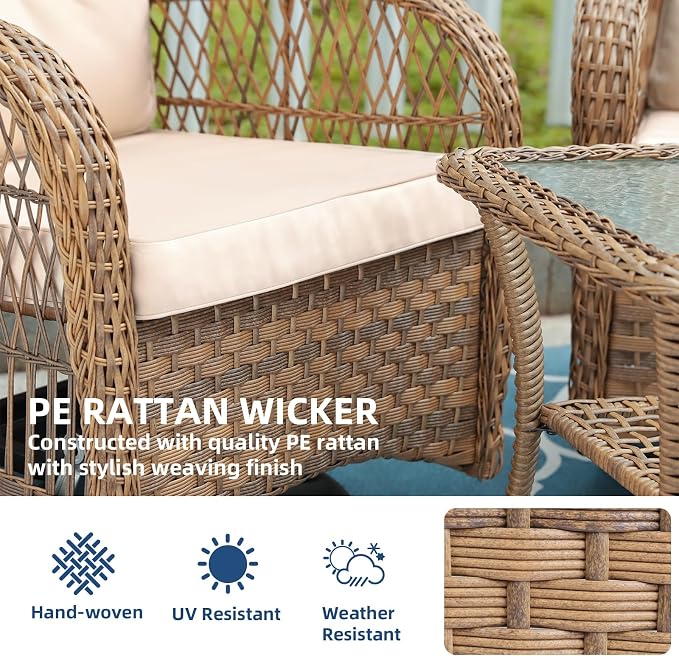 7-Piece Wicker Patio Furniture Sets Outdoor All-Weather Rattan Conversation Set Includes Glider Loveseat, 2 Glass-Top Coffee Tables, 2 Swivel-Gliders Chairs for Porch Backyard, Light Brown