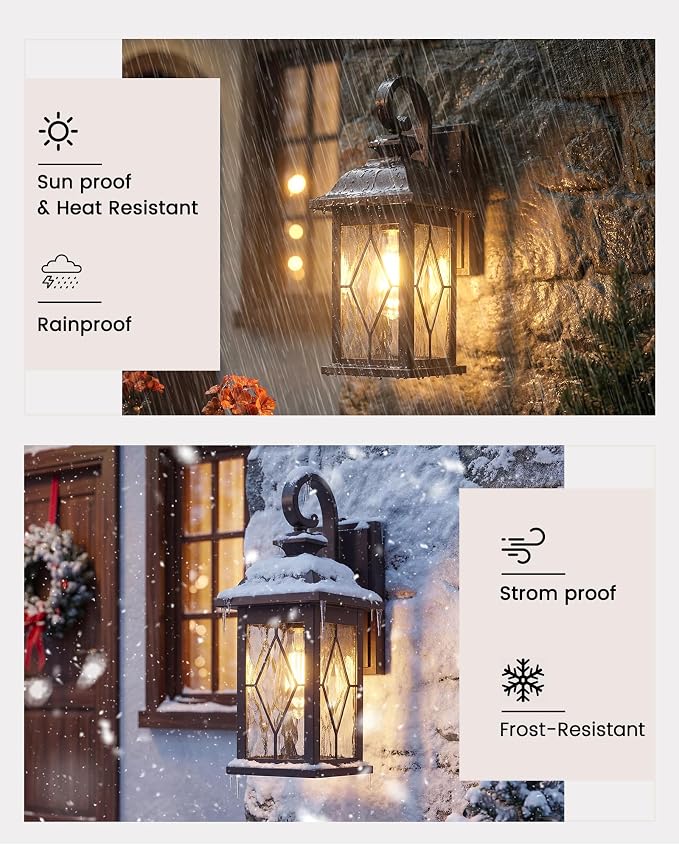 FEMILA Dusk to Dawn Outdoor Wall Light Fixtures, 15" Exterior Waterproof Wall Sconce, Front Porch Lights, ORB Finish with Hammered Glass, E26, UL Listed, 4FD54B-PC ORB-SD