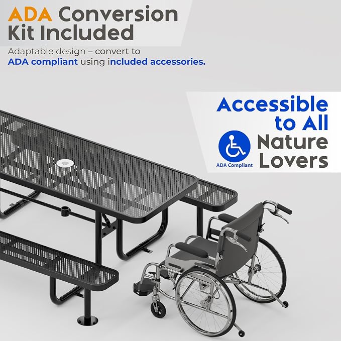 Commercial Heavy-Duty Metal Picnic Table - ADA Compliant, Adjustable Seats, Umbrella Hole (Black, 6' Rectangular, Punched Steel)