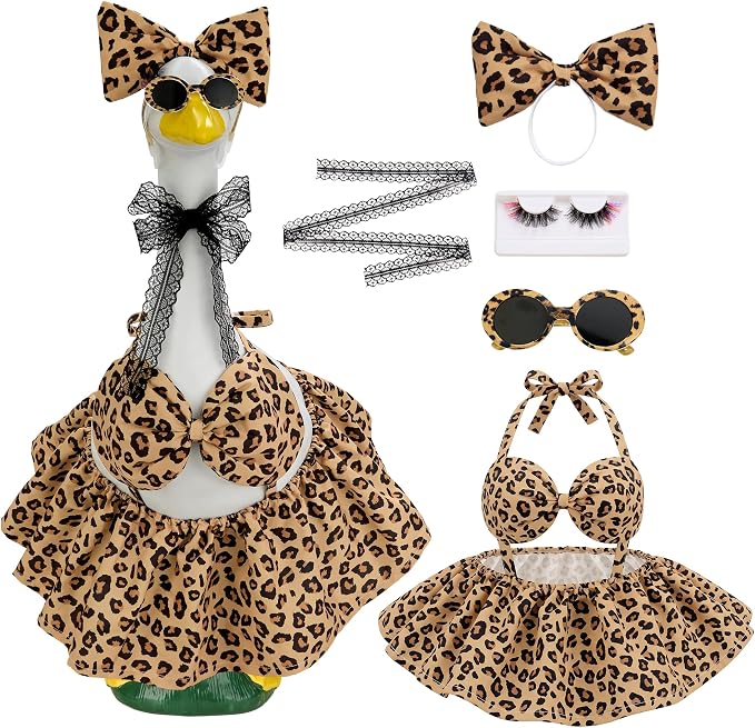 Leopard Bikini Porch Goose Outfit Set for 23 Inch Goose Statue, Swimsuit with Bow Eyelashes Lace Sunglasses Strap, Wild Style Summer Goose Clothes Decor (Leopard)