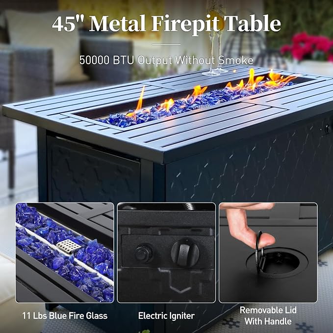 SUNSHINE VALLEY 4 Piece Metal Outdoor Patio Furniture Sets with 5000 BTU Firepit Table, Patio Conversation Sets 1 3-seater Sofa, 2 Swivel Chair with 5.75" Thick Cushion, Black Backyard Furniture, Blue