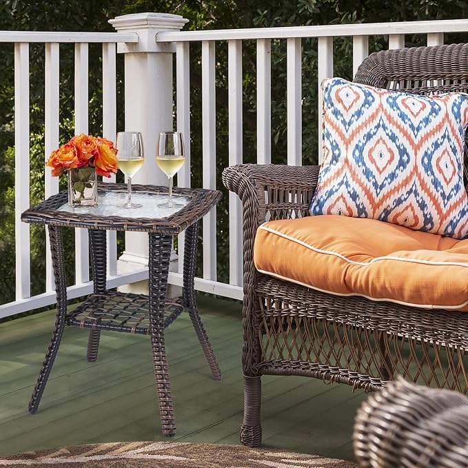 Outvita Rattan Outdoor Side Table with Glass Top & Storage Shelf | Small patio end coffee table, versatile furniture for porch, backyard, balcony and indoor living room
