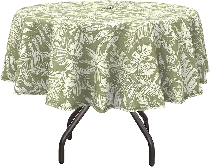 DYTXIII Outdoor Round Tablecloth with Umbrella Hole 60 Inch, Water Repellent & Fade Resistant Table Cover, All Weather Outdoor Tablecloth for Garden & Party Table, Tropical Leaf Green