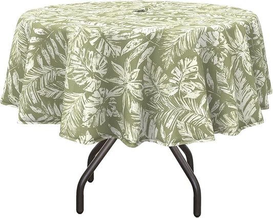 DYTXIII Outdoor Round Tablecloth with Umbrella Hole 60 Inch, Water Repellent & Fade Resistant Table Cover, All Weather Outdoor Tablecloth for Garden & Party Table, Tropical Leaf Green